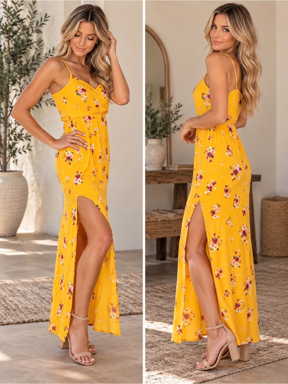 Yellow Floral Spaghetti-Strap Maxi Dress with Side Slits